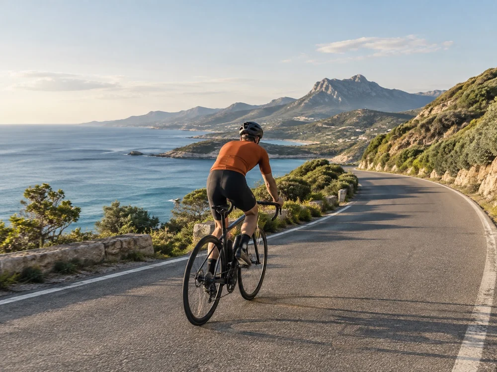 Estrada sinuosa junto ao mar, em uma paisagem para explorar de bicicleta