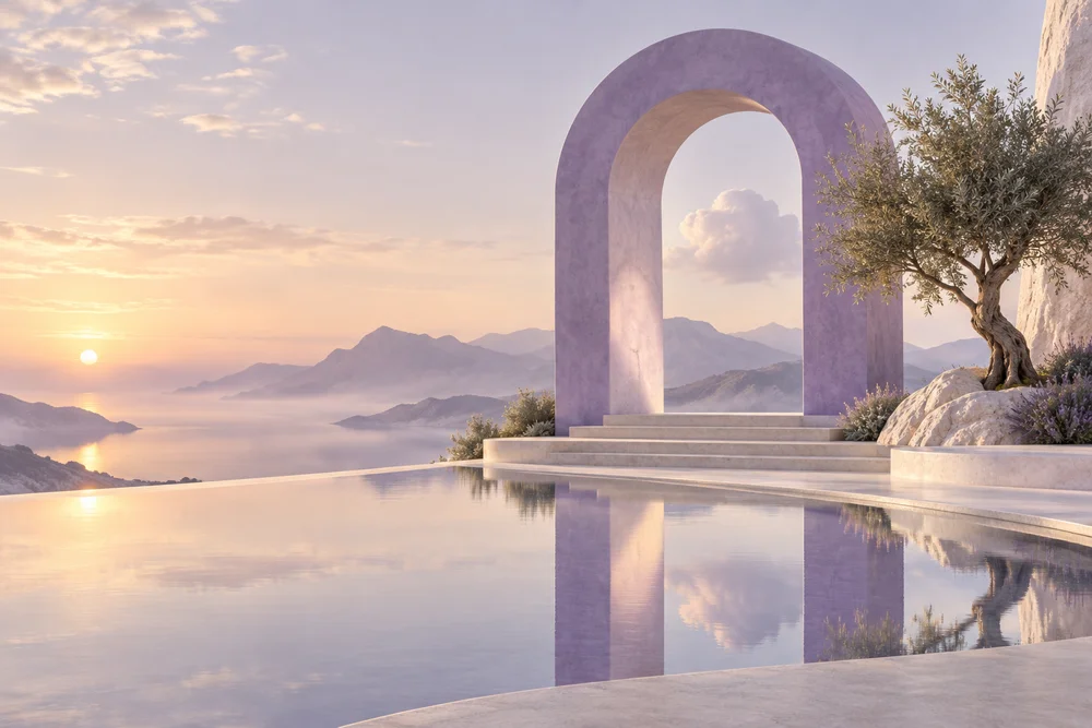 Arco lilás junto a um espelho d’água, em uma paisagem serena de montanhas